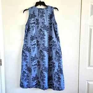 Liz Claiborne Blue Linen Floral Dress Sleeveless Buttons Down Front